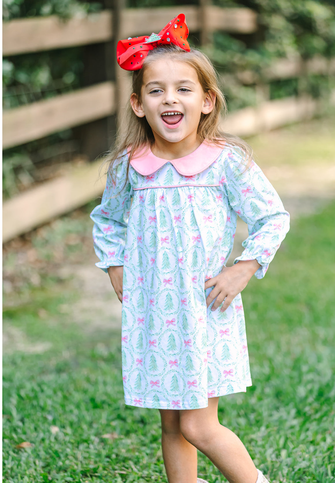 Watercolor Christmas Tree & Bow Dress – Little Louanne