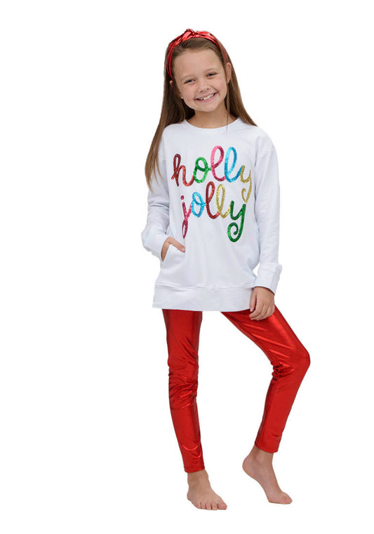 Tunic Pocket White French Terry Sequin Holly Jolly sweatshirt
