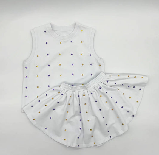 Stoned Purple and gold white skirt set