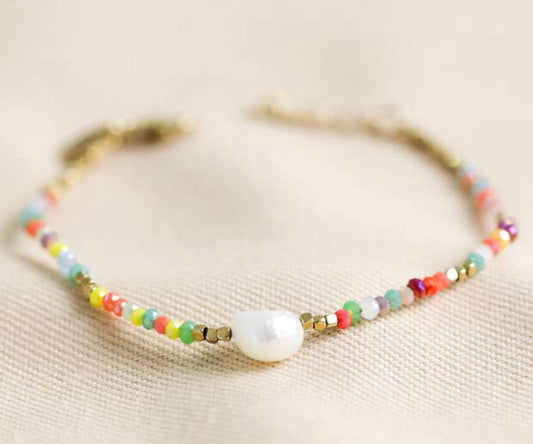 Rainbow semi precious beads and fresh water pearl bracelet
