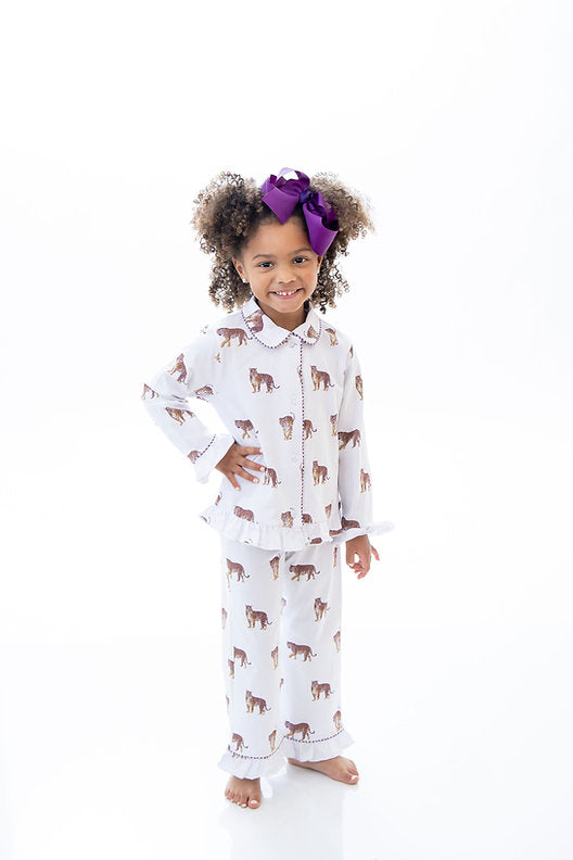 Roarin' Ruffle Tiger Button Down Knit Pajama Pant Set - Girls
