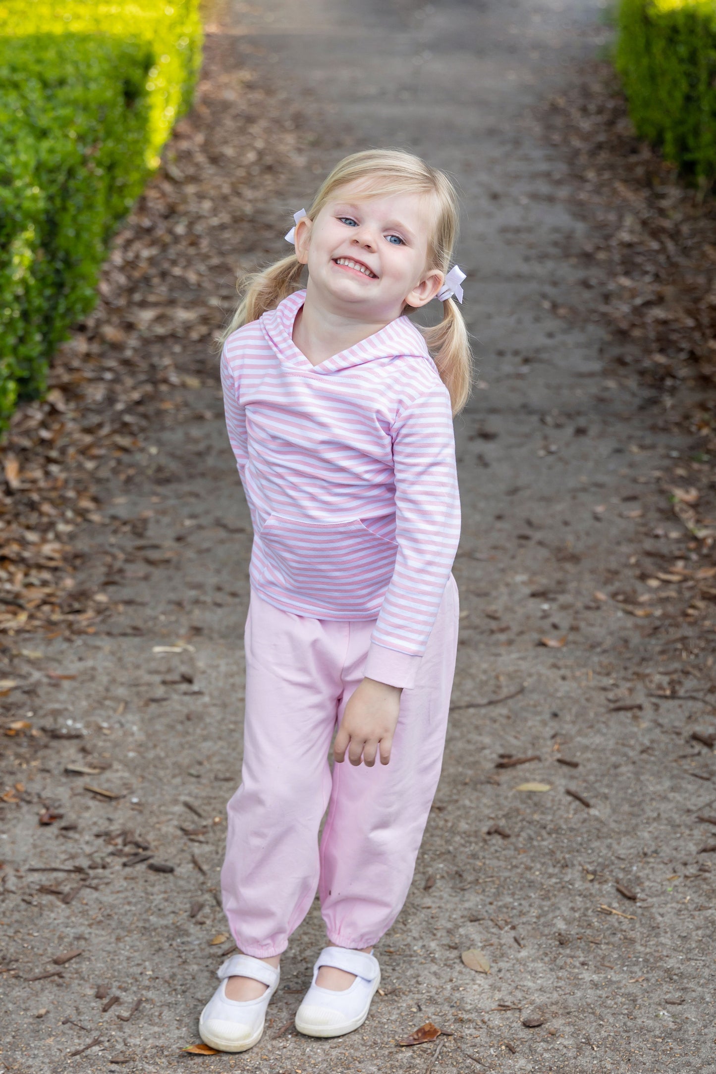 Girls Knit Hoodie Set - Light Pink Stripe