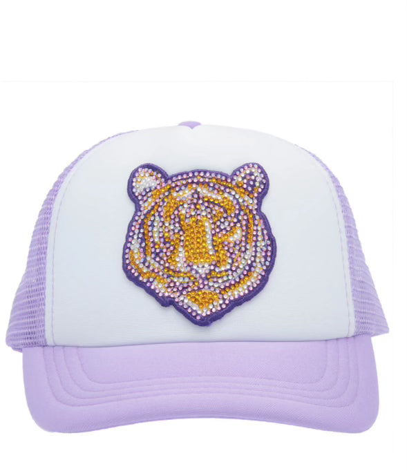 Lavender Purple Rhinestone Tiger Youth Trucker Hat