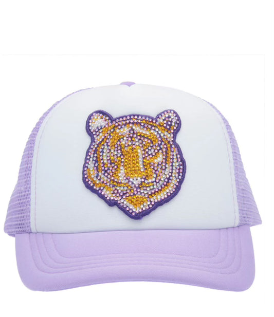 Lavender Purple Rhinestone Tiger Youth Trucker Hat