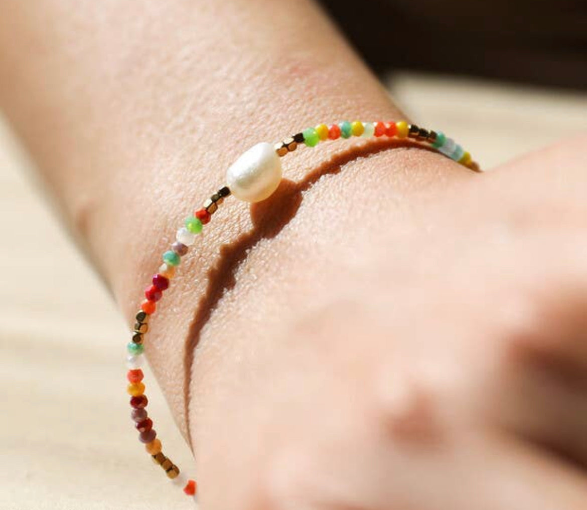 Rainbow semi precious beads and fresh water pearl bracelet
