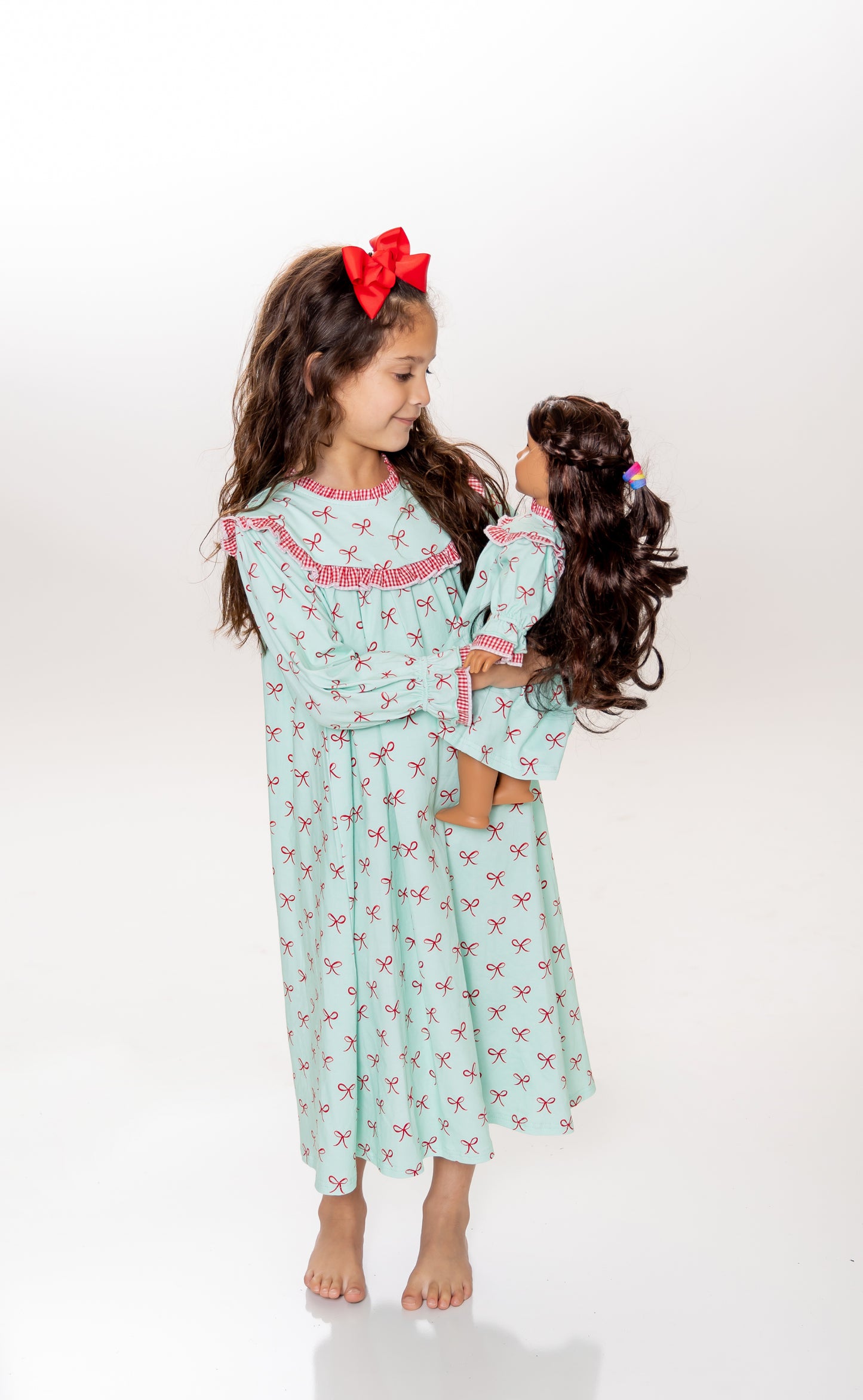 Doll - Classic Christmas Bow Print Doll Dress / Gown